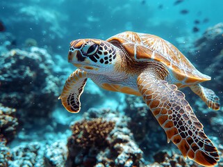 Obraz premium Turtles swim gracefully in the Pacific Ocean near Palau