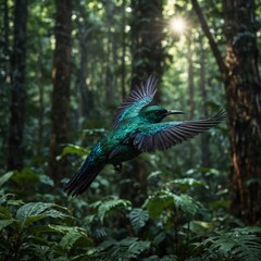 Obraz premium A radiant emerald bird flying through a jungle.