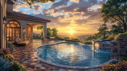 Sunset Serenity: Luxury Villa with Infinity Pool and Waterfall