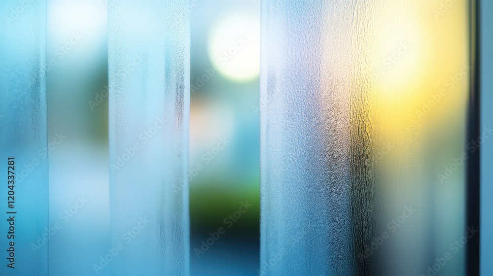 Poster frosted glass with a vertical stripe texture partially obscuring a blurred soft-focus background