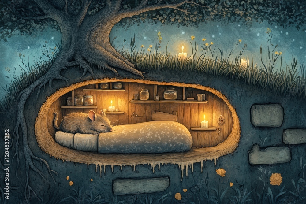 Leinwandbilder Cozy mouse nest under a tree with warm light and soft bedding in a whimsical setting. Generative AI
