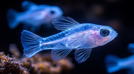Fototapeta premium Hatchetfish, shimmering with bioluminescent light, form a mesmerizing and otherworldly scene in the dark ocean depths, a testament to nature's beauty and wonder
