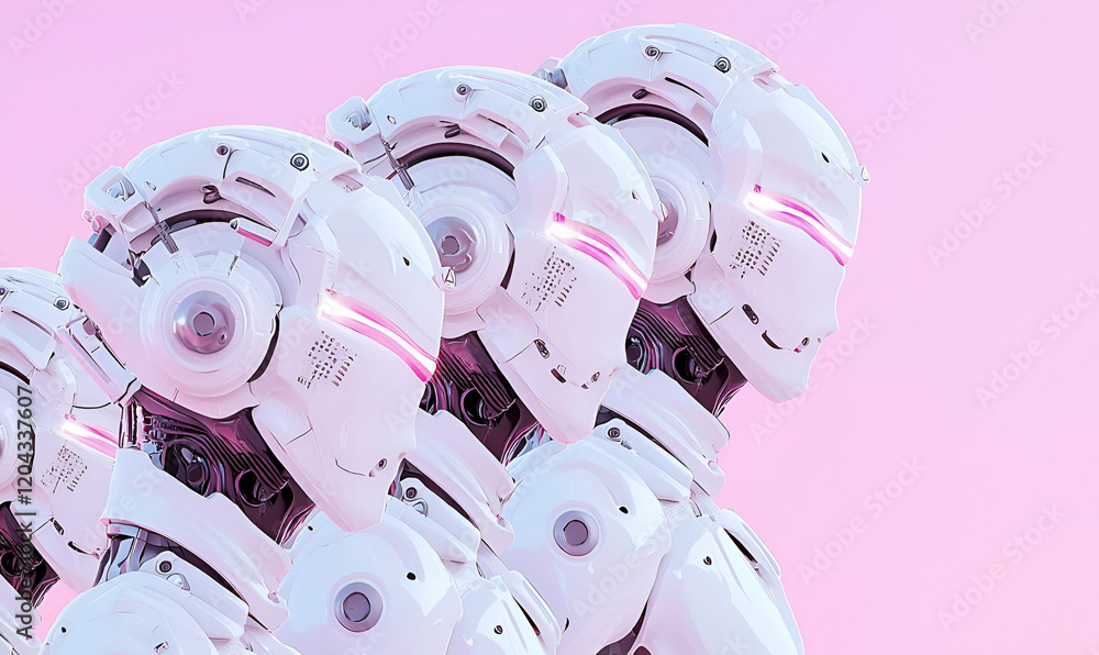 Poster robots in headphones, a diverse group of robots showcasing unique headphone styles, blending technol