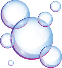 Bright blue and violet soap bubbles isolated on white background close up