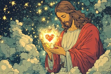 Fototapeta premium A detailed and inspiring illustration of Jesus Christ, radiating peace and love, perfect for faith-based themes and spiritual reflections.