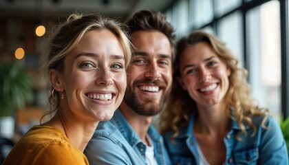 Fototapeta premium Happy young adults smiling at camera in modern office space. Team looks friendly, motivated. Collaboration, success concept. Indoor photo shows positive team spirit. Photo of creative people. Modern