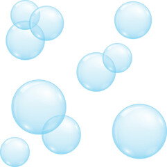 Bright blue soap bubbles isolated on white background close up