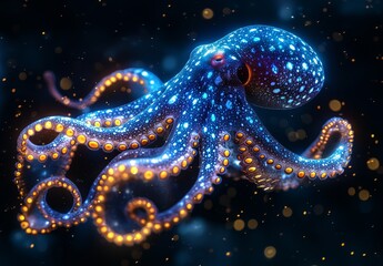 Obraz premium A bioluminescent octopus is swimming in the deep ocean, emitting light