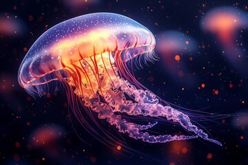 A jellyfish with an illuminated flower hat design floats gracefully in the aquarium