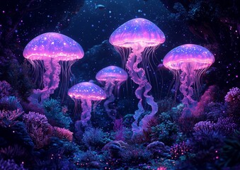 Bioluminescent jellyfish in a deep sea ocean setting