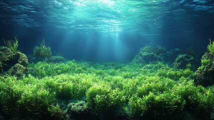 Fototapeta premium A meadow hidden underwater with aquatic plants beneath a dark blue sea