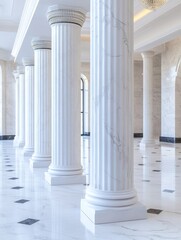 Fototapeta premium Elegant Marble Columns in Grand Hall - Majestic marble columns line a spacious hall, creating an atmosphere of classical grandeur and timeless elegance. The gleaming white marble and polished floor r