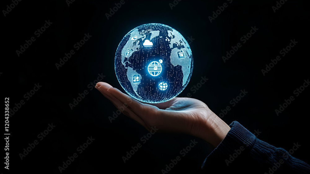 Poster luminous globe in hand, a person cradles a glowing globe surrounded by floating icons symbolizing in