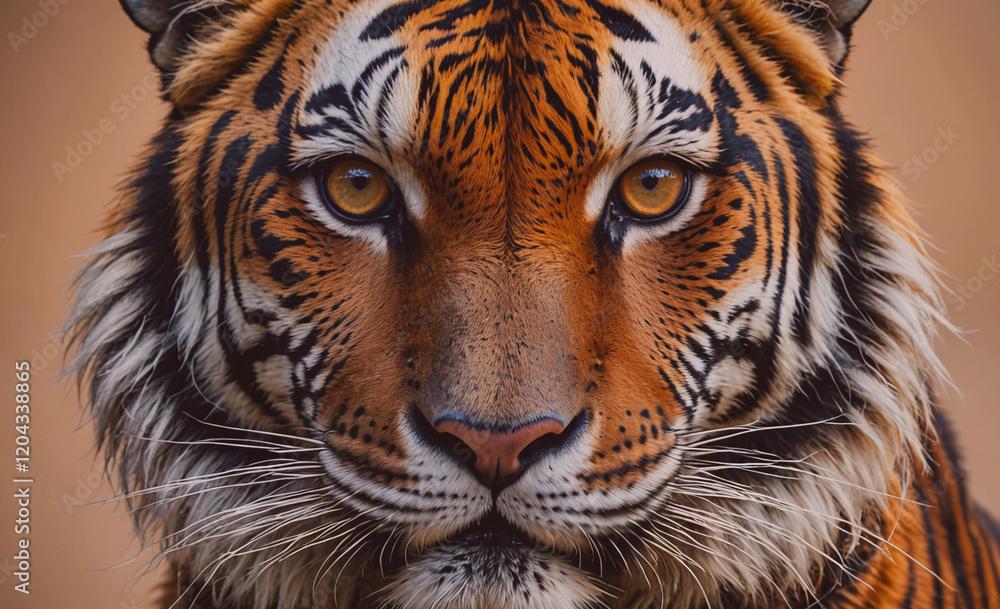 Poster a tiger with a yellow eye staring at the camera. the tiger has a striped face and is looking directl