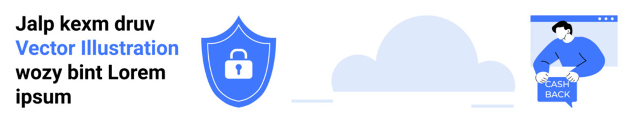 Blue shield with padlock, cloud icon, user holding tablet with security interface. Ideal for cybersecurity, data protection, cloud services, user interfaces, tech blogs, IT solutions, infographics