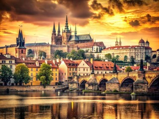 Fototapeta premium Nostalgic Prague: A vintage image showcases the majestic Castle and the historic Charles Bridge.