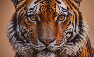 A tiger with a yellow eye staring at the camera. The tiger has a striped face and is looking directly at the viewer