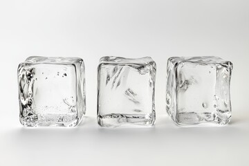 Three clear ice cubes each with visible air bubbles trapped inside arranged in a row