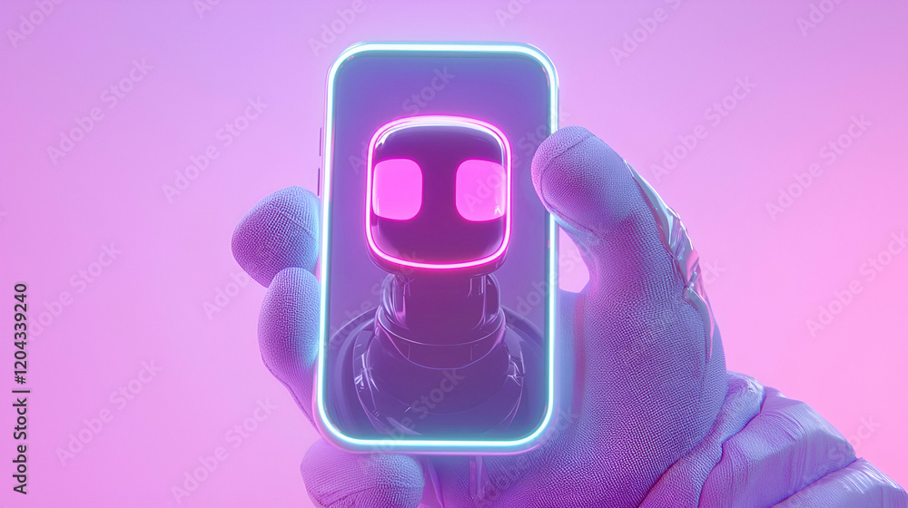 Poster glowing chatbot interaction, a hand grasps a smartphone displaying a vibrant chatbot interface, symb
