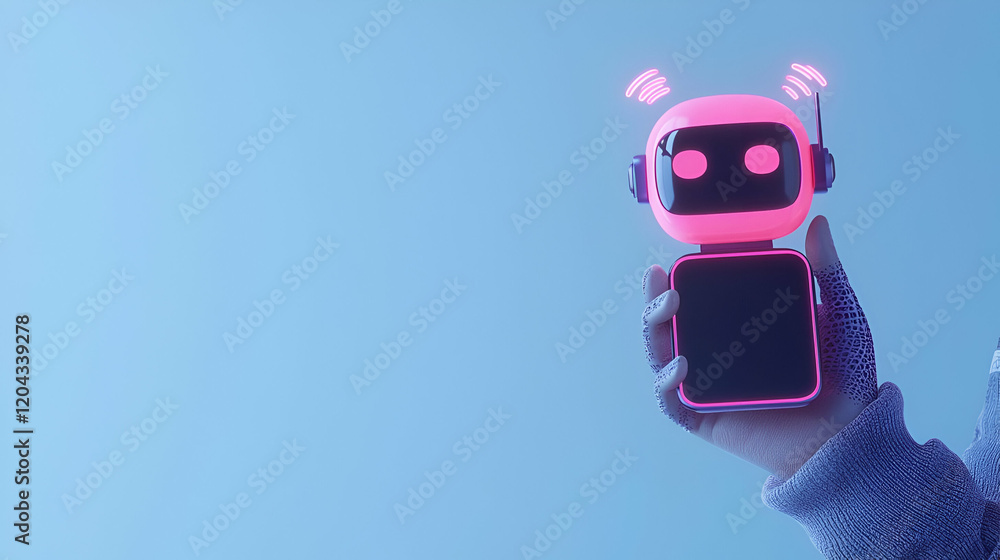 Poster glowing chatbot interaction, a hand gripping a smartphone displaying a vibrant chatbot icon, symboli