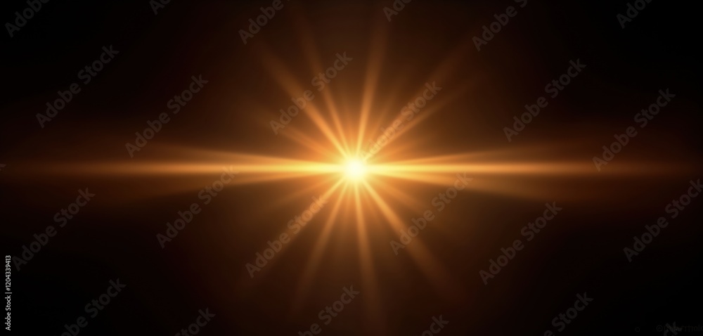 Poster Golden sun rays shine brightly in dark space. Abstract graphic design with lens flare effect. Bright light beams emanate from central point. Illustration ideal for abstract backgrounds in tech sci-fi