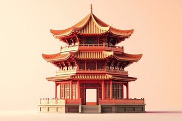 Fototapeta premium Ancient Chinese tower temples, 3D style, illustration style