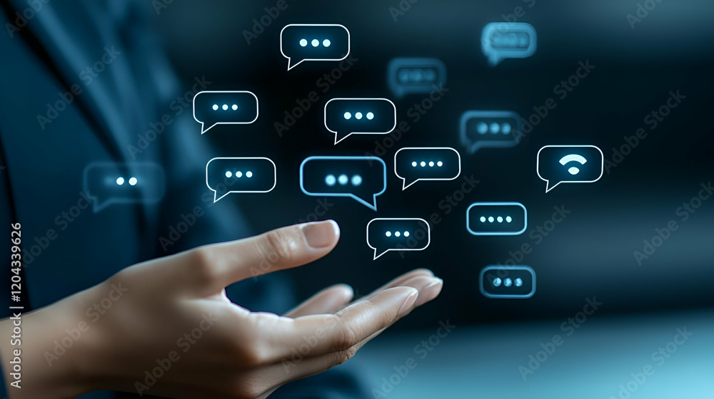 Aufkleber digital interaction, a hand engaging with a virtual chatbot in a futuristic setting, showcasing tech