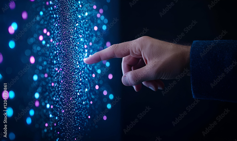Poster interactive feedback interface, user engaging with technology, digital display responding to touch, 