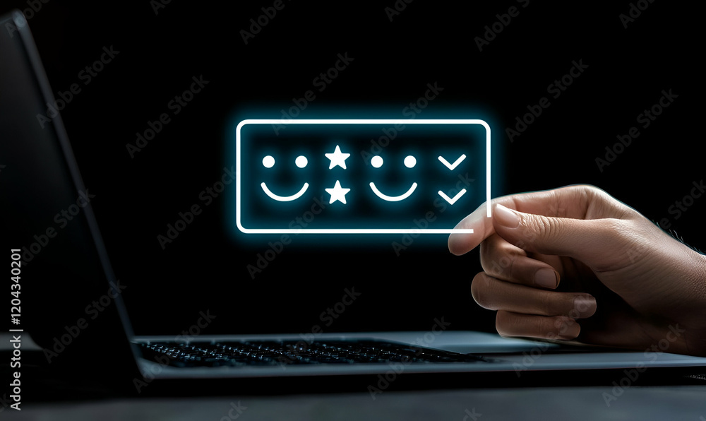Poster digital interaction, a person selecting a smiling face on a laptop screen, conveying joy and connect