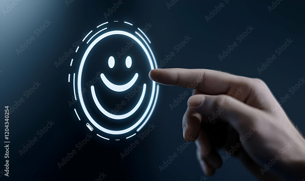 Poster digital interaction, a hand gently pressing a smiley face icon on a touchscreen, symbolizing communi