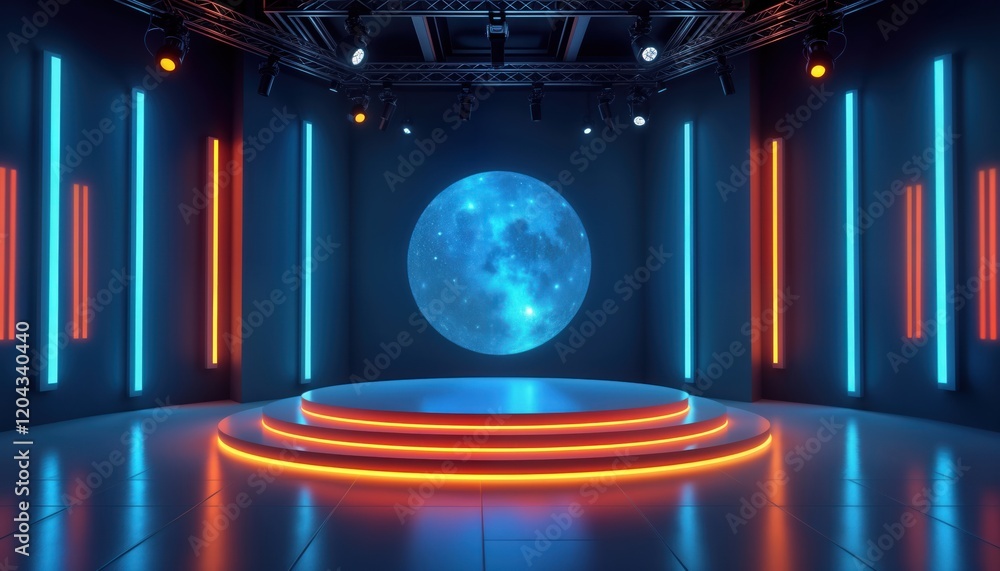 Poster Virtual night talk show studio set. Modern stage with glowing neon lights in blue, orange. Circular platform with multiple levels. Large moon graphic in background. Ideal for live streaming events.
