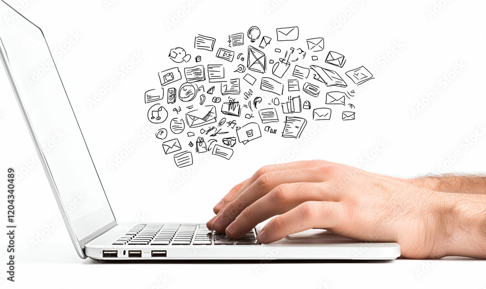 Poster digital interaction, a hand typing on a laptop surrounded by vibrant floating icons representing var