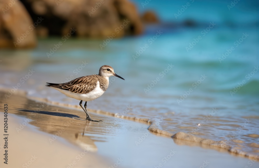 Wall mural Cute sandpiper bird stands on beach in Fuerteventura. Coastal scenery. Seabird close up. Beautiful natural habitat. Wild bird feeding on shore. Ocean waves lap on sand. Natural colours. Beautiful