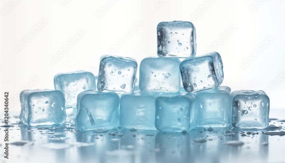 Poster close-up view of ice cubes stacked on white surface. ice cubes light blue tint. water droplets on su