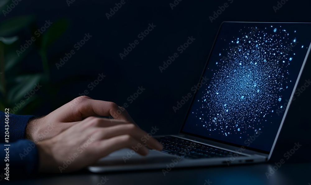 Poster digital interaction, a hand engaged with a laptop, surrounded by floating icons representing various