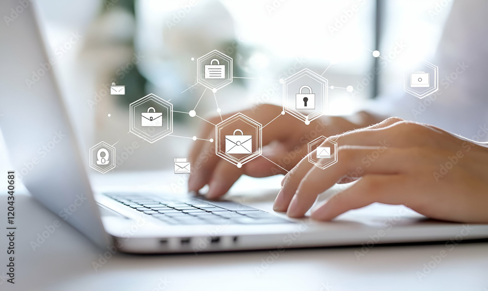 Poster secure connectivity, a hand navigating a laptop surrounded by digital security icons symbolizing onl