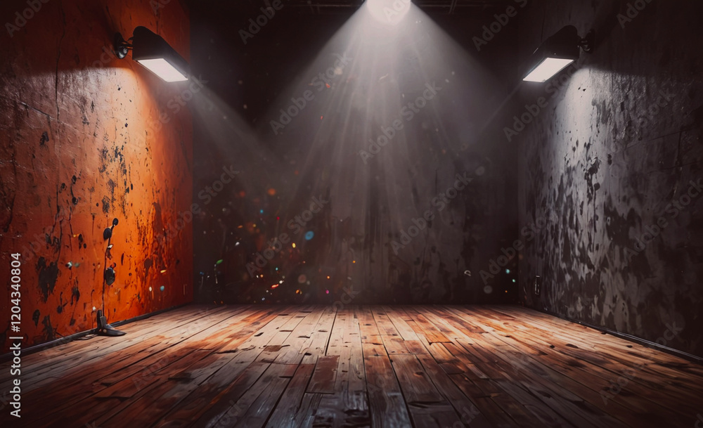 Poster dark room with two lights shining on the wall. the room is empty and has a moody atmosphere