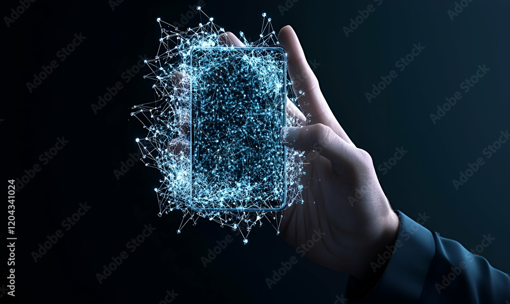 Poster smartphone interaction with chatbot, a hand engaging with a digital interface showcasing a chatbot c