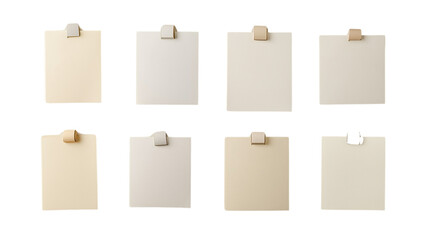 Set of Blank Beige Sticky Notes with Wooden Clips – Minimalist Office Supplies  on a transparent background	



