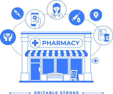 Pharmacy store infographic with medical elements. Building icon isolated on white background. One color blue outline graphic. Health care concept. Drugstore line art illustration with editable stroke.