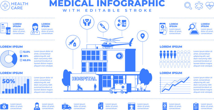 Medical infographic banner design. Hospital building one color print. Charts, icons and data isolated on white background. Blue outline graphic. Health care line art illustration. Editable stroke.
