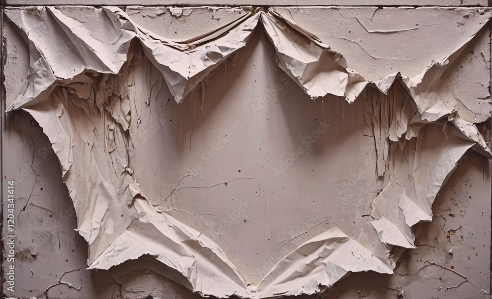 Poster piece of art with a torn paper covering the wall. the torn paper gives the impression of a broken or