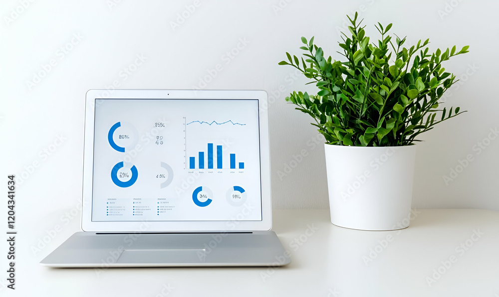 Poster kpi dashboard visualization, a sleek laptop screen showcasing colorful graphs and metrics for perfor