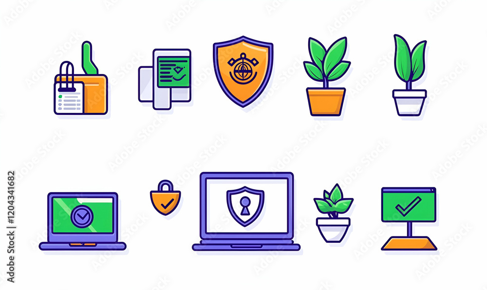 Poster digital security interface showcasing a laptop with a protective shield symbol, emphasizing cybersec