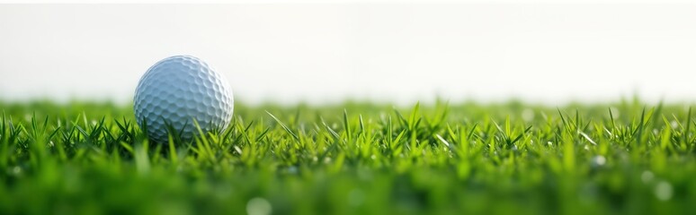 Obraz premium White golf ball rests on vibrant green grass. Outdoor scene suggests leisurely golf activity. Scenic nature background. Great for golf course promotional materials. Ideal for website imagery
