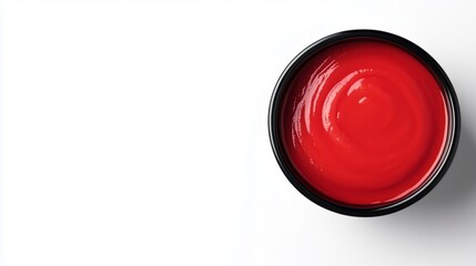 Smooth red ketchup in black bowl against white background