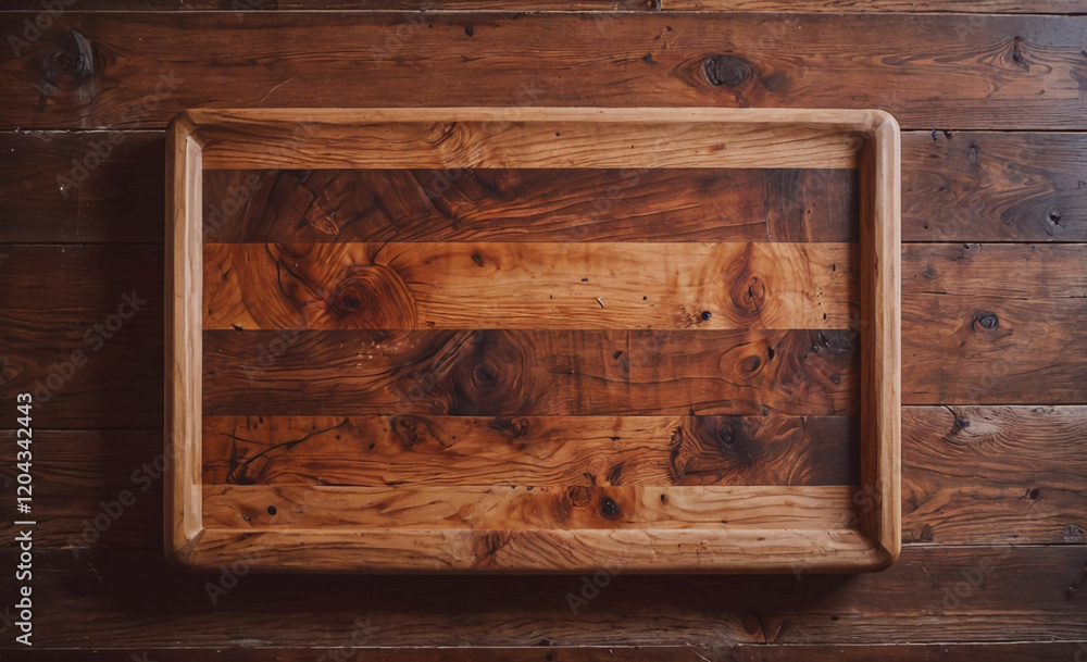 Poster wooden tray with a wooden border sits on a wooden table. the tray is empty and the table is made of 