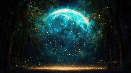 Obraz premium Magical moonlit forest path, fireflies glowing, nighttime fantasy scene, ideal for fantasy backgrounds
