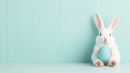 Obraz premium White bunny holding blue easter egg against pastel turquoise background