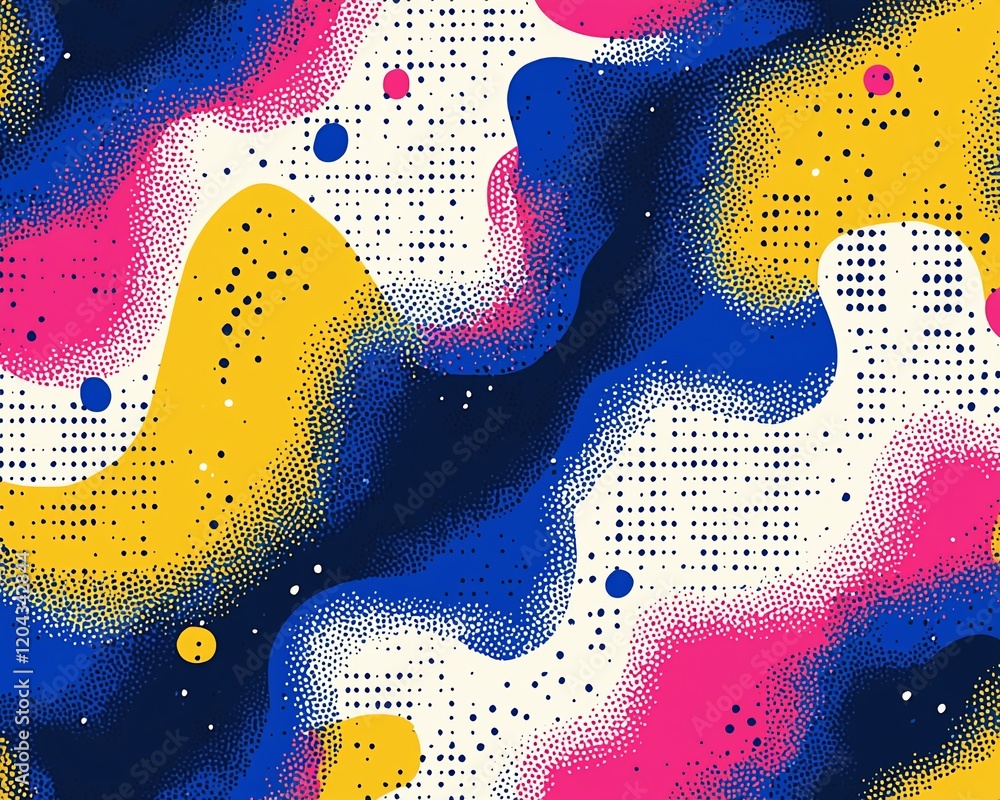 Poster abstract colorful fluid shapes and pixelated texture background.
